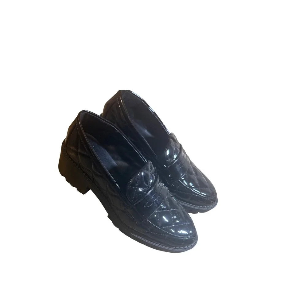 Marc Fisher‎ Black Quilted Patent Leather Lug Sole Penny Loafers Mens 8M